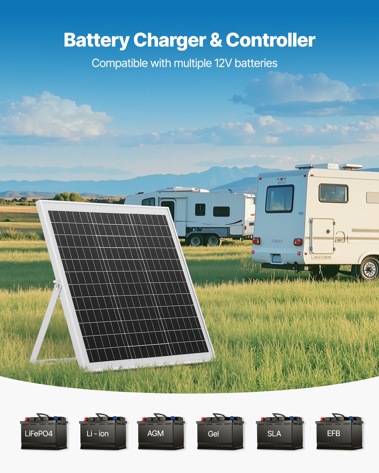 VEVOR Solar Battery Trickle Charger Maintainer 20W 12V with MPPT Controller