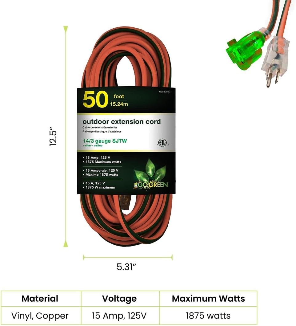 Go Green Power Inc. 14/3 50ft Outdoor Lighted Extension Cord – Heavy Duty, Contr