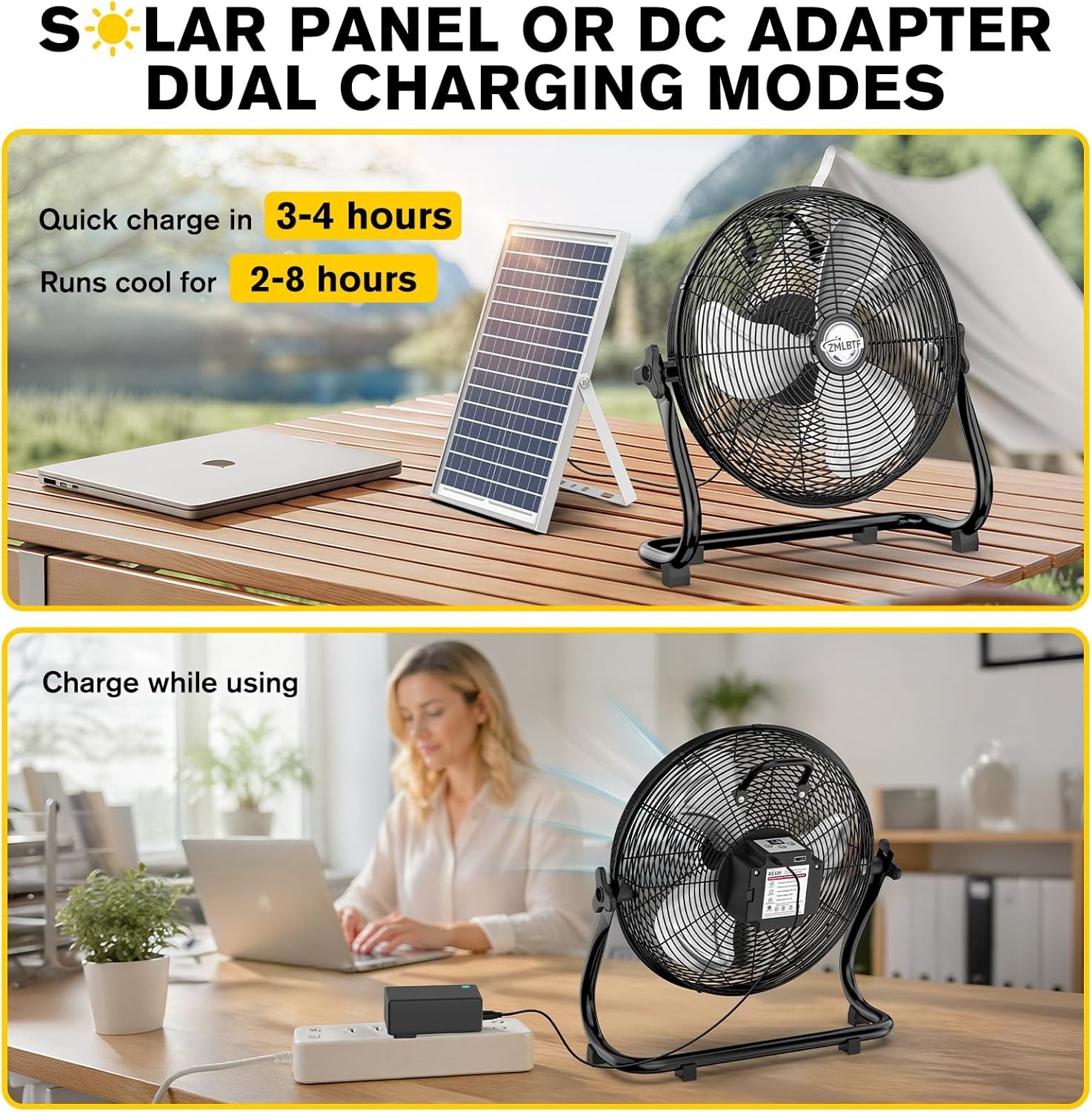 16″ Solar Powered Fan with 20W Solar Panel & Rechargeable Battery, Portable, Qui