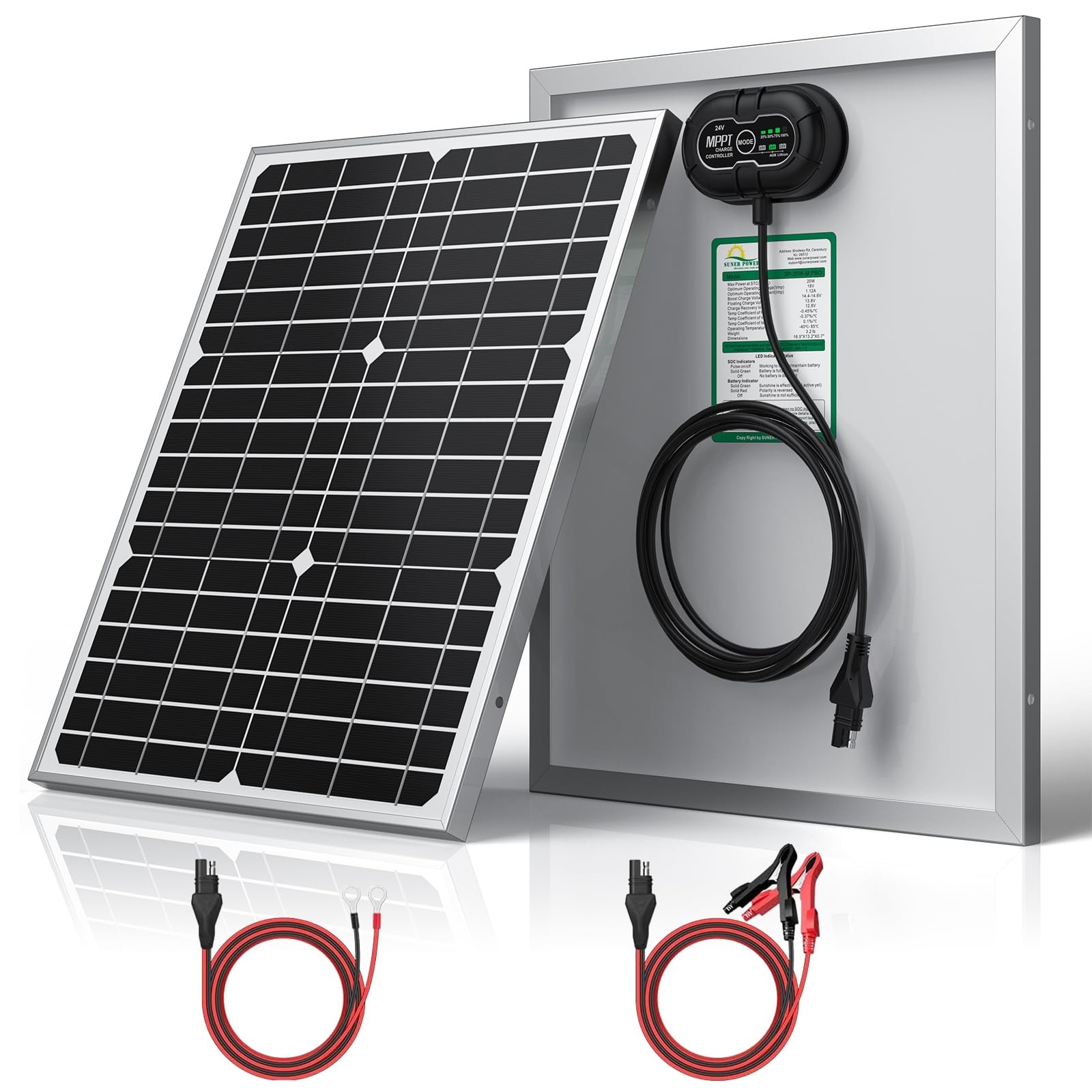 SUNER POWER 24V 20W Solar Battery Charger Maintainer, Built-in Ultra Smart MPPT