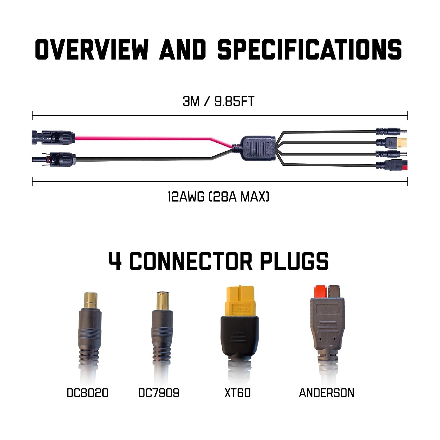 SunJack MC4 Solar Panel To Portable Power Station Adapter Cable 12AWG 10Ft