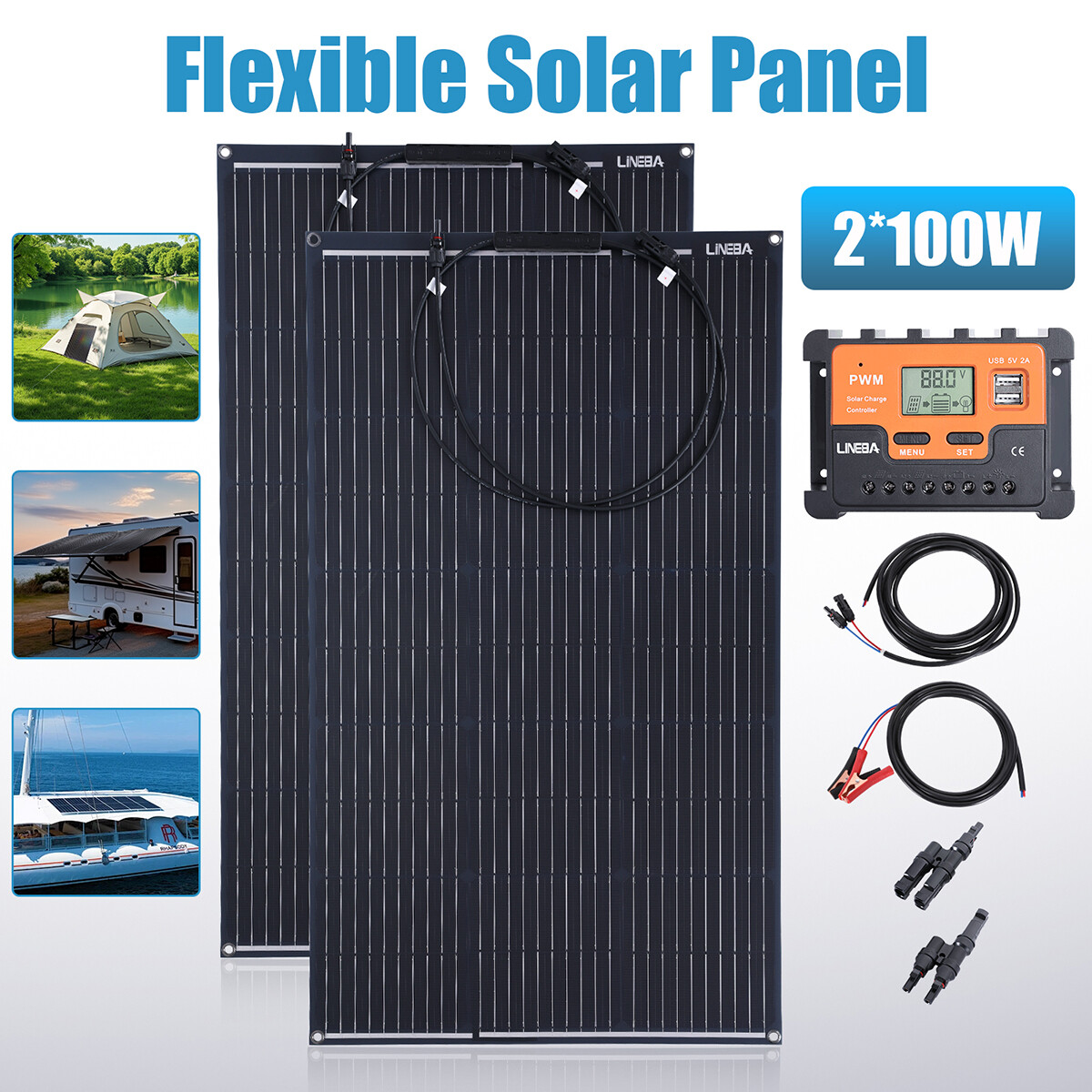 100W 200W Watts Portable Flexible Solar Panel kit w/ Controller For RV Roof Home
