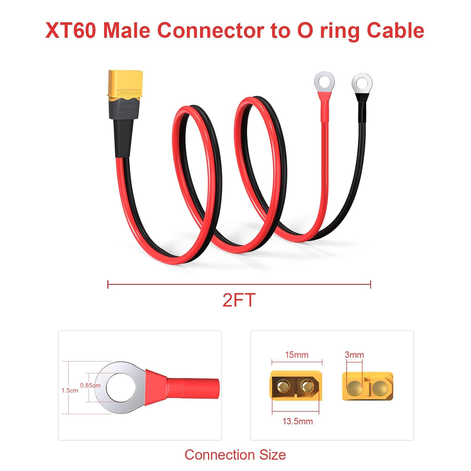 XT60 to O Ring Terminal Cable, 10AWG XT60 Male to O Ring Connector Cable with Ti