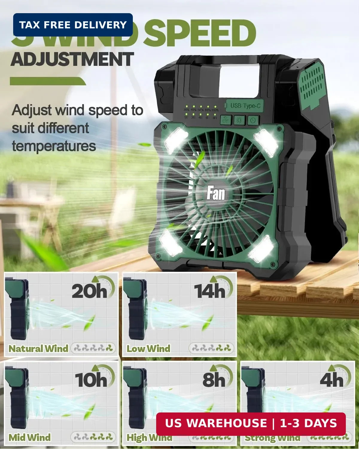 22000mAh Camping Solar Fan, Dual-Panel Rechargeable Solar Powered Fan with LED L