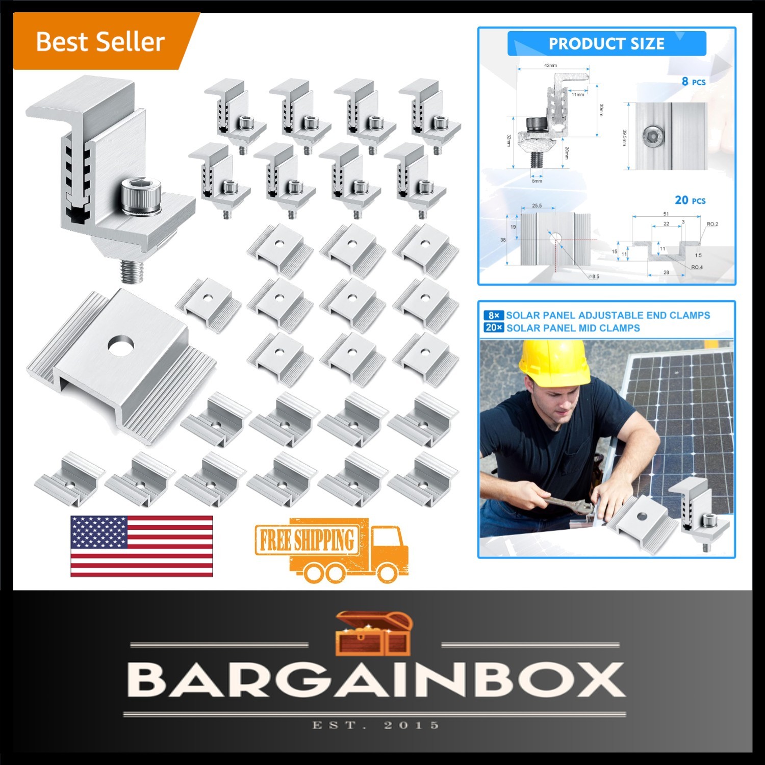 Modern Silver Solar Panel Mounting Kit | 28-Piece Adjustable Aluminum Clamps