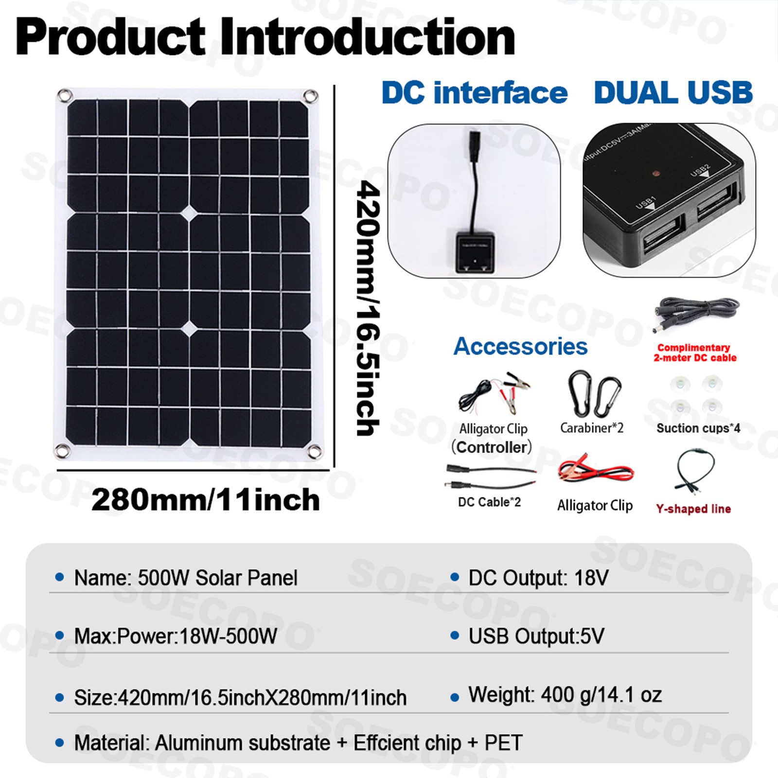 4x500W Solar Panels-100A Controller+Y-Cable+Suction Cups for Home/Outdoor Power