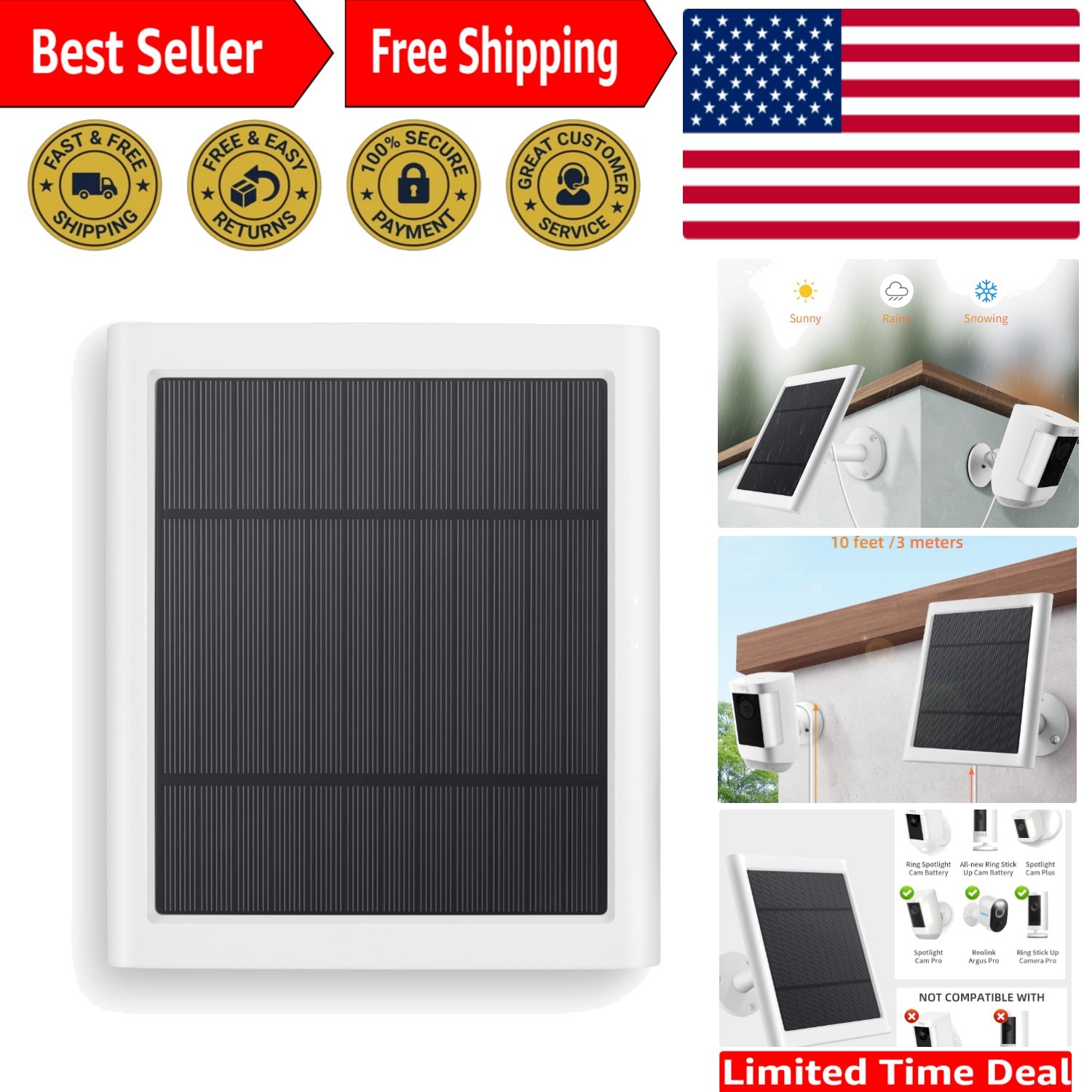 Reliable 4W Solar Panel for Ring Stick Up & Spotlight Cams – 360° Mount Included