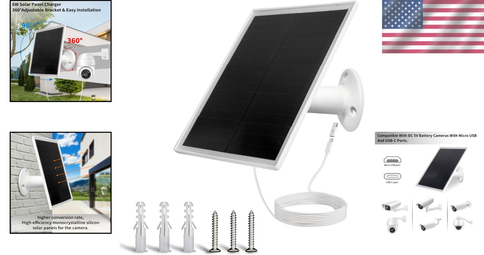6W High-Efficiency Solar Panel Charger, Waterproof for Outdoor Security Cameras