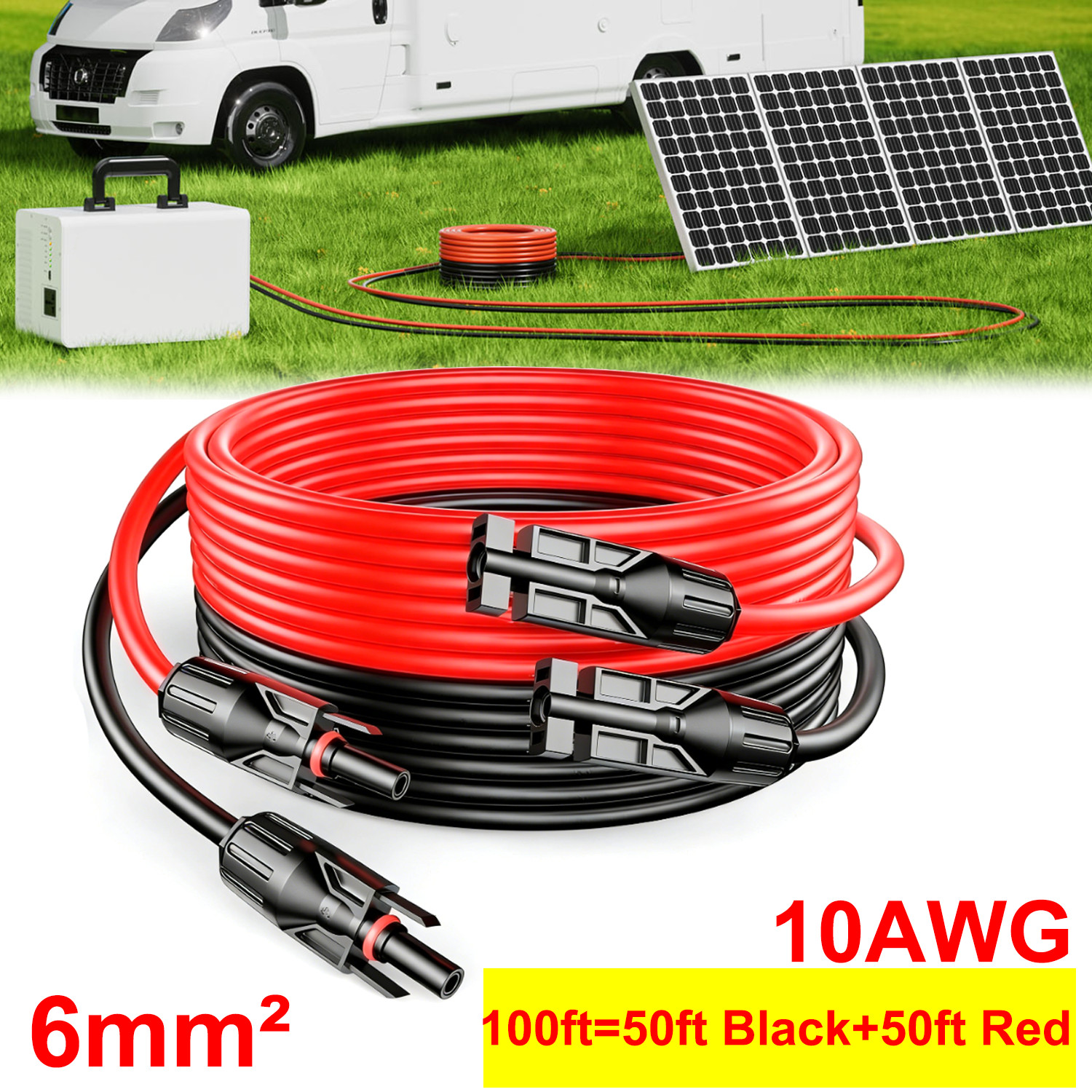 100FT 10 AWG Solar Panel Extension Cable PV Wire +Pair Solar Connectors 6mm²