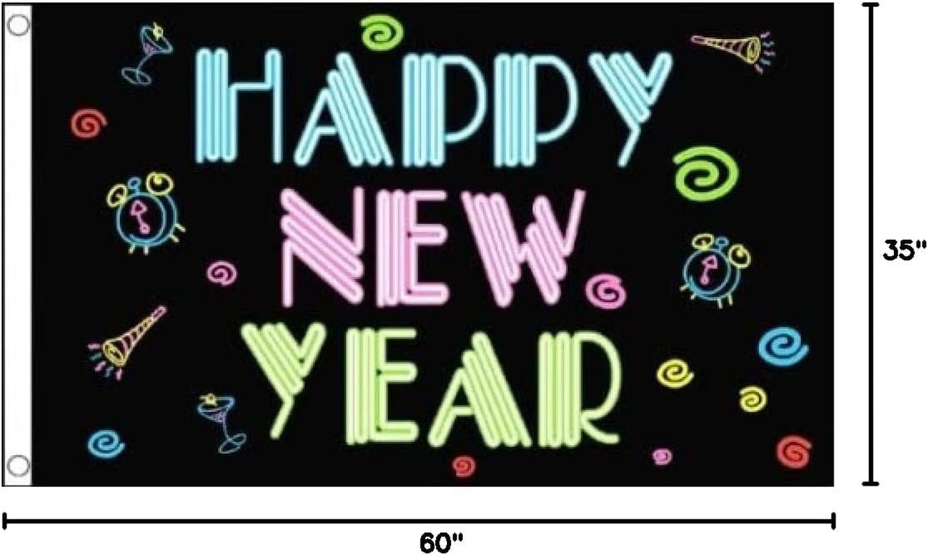 – Happy New Year (Neon) Flag – 3X5 Ft – 100D Polyester New Year Party Banner wit