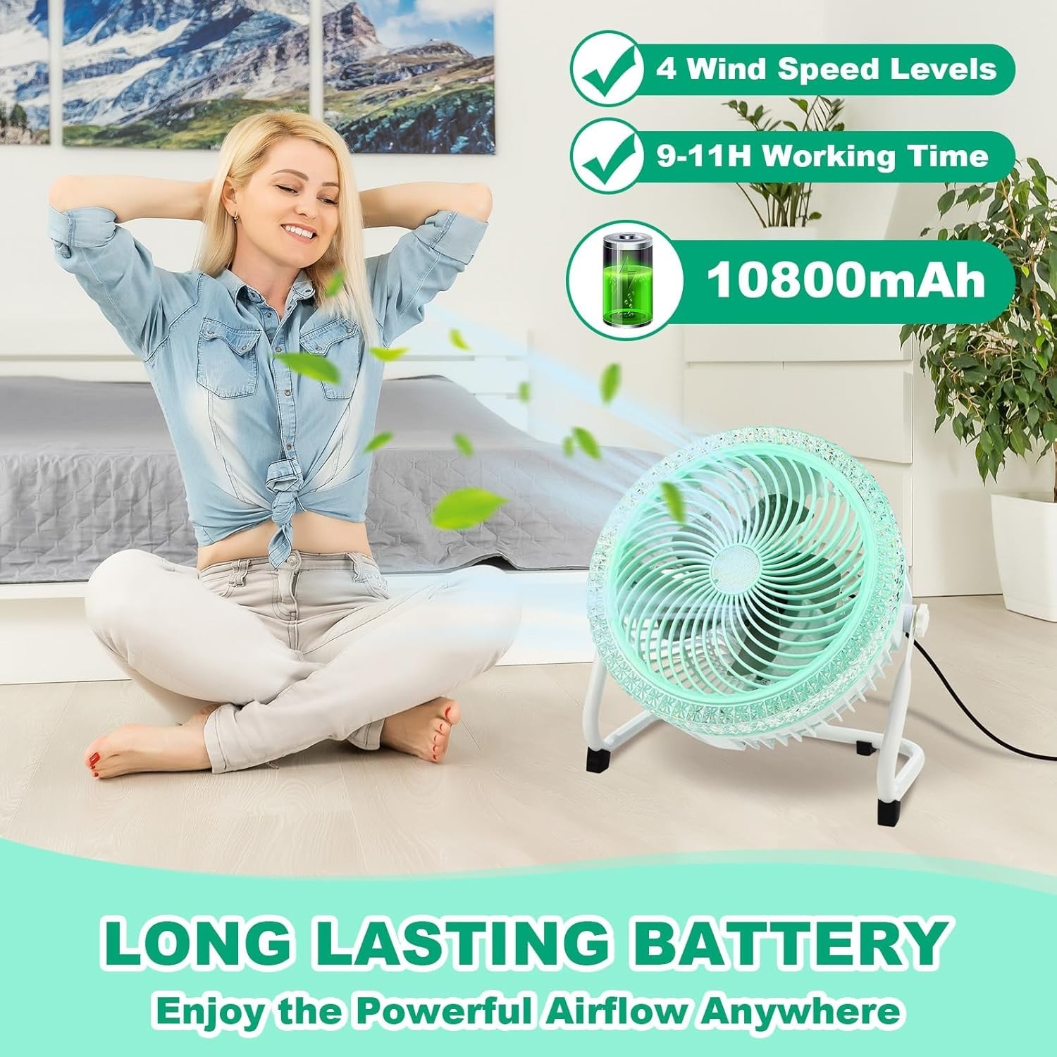 12” 10800mah Battery Operated Solar Fan Light with 12w Solar Panel, Charger,