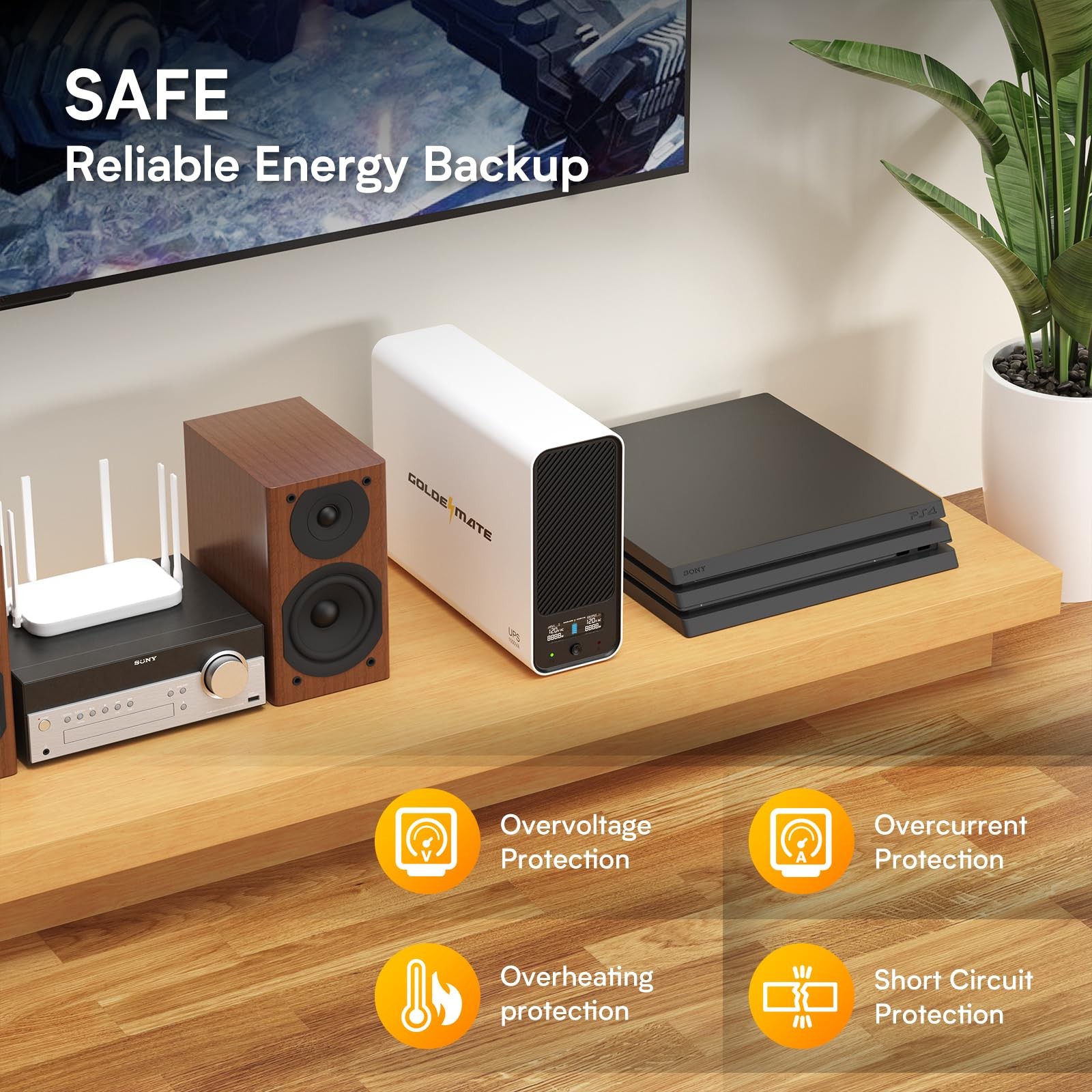 GOLDENMATE 1000VA LiFePO4 UPS 600W Battery Backup Pure Sine Wave White for PC