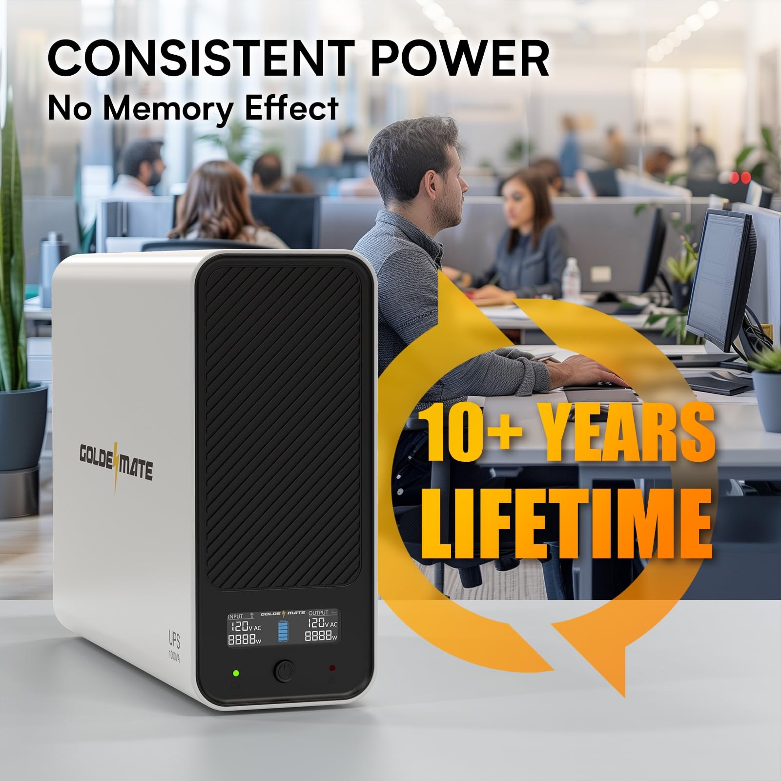 GOLDENMATE 1000VA LiFePO4 UPS 600W Battery Backup Pure Sine Wave White for PC