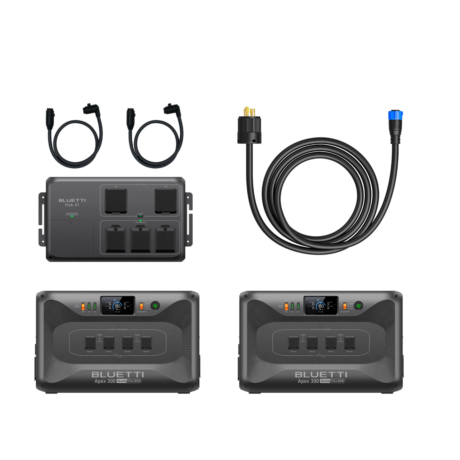 BLUETTI 2 Apex 300 + Hub A1 and 2 Parallel Cables + 30A Fast Charge NEMA L14-30