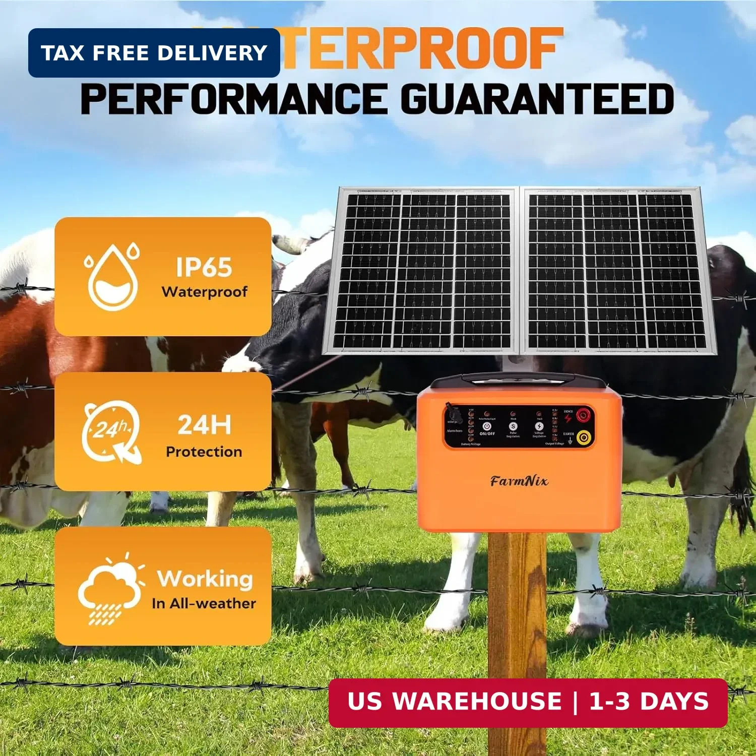 24 Hour Solar Electric Fence Charger, 30 Miles Solar Fence Energizer, 6-12KV Adj