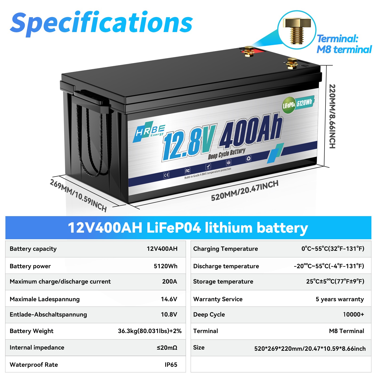 12V 400Ah LiFePO4 Lithium Battery Deep Cycles 5120Wh Power 200A BMS for RV Solar