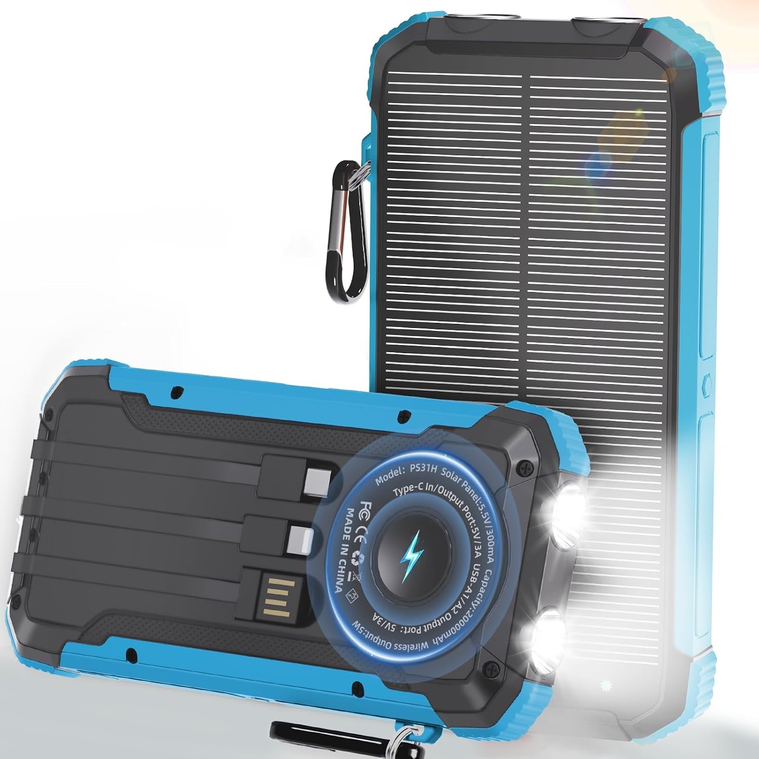 Solar Power Bank 20000mAh, Wireless Fast Charging, 3-in-1 Cables, Blue