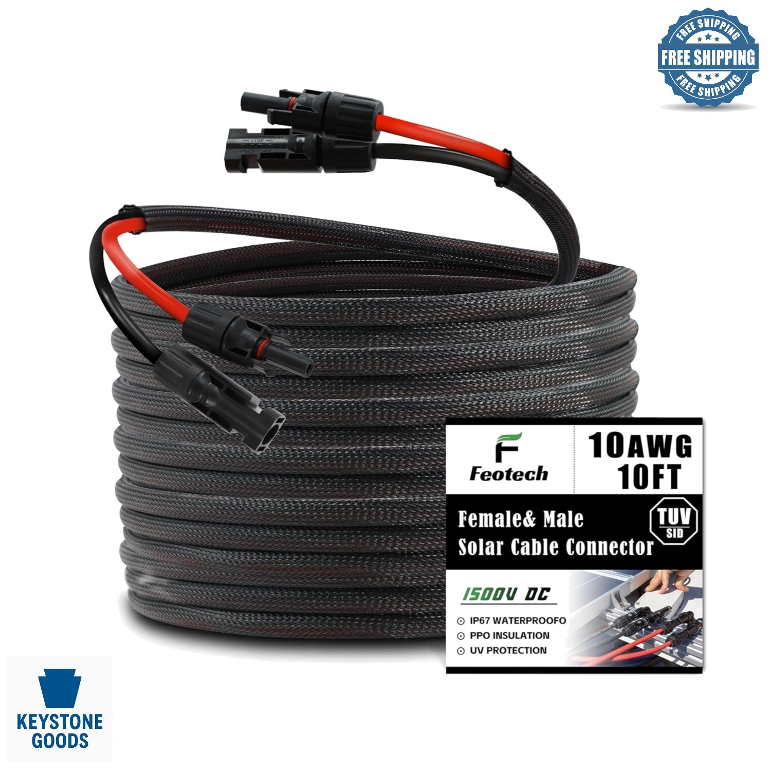 10ft Solar Extension Cable 10AWG for Outdoor Marine RV Automotive