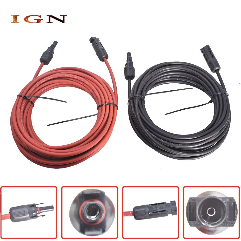 20ft 4mm²/12AWG Solar Panel Extension Cable Wire Connector 1 Pair Black+Red