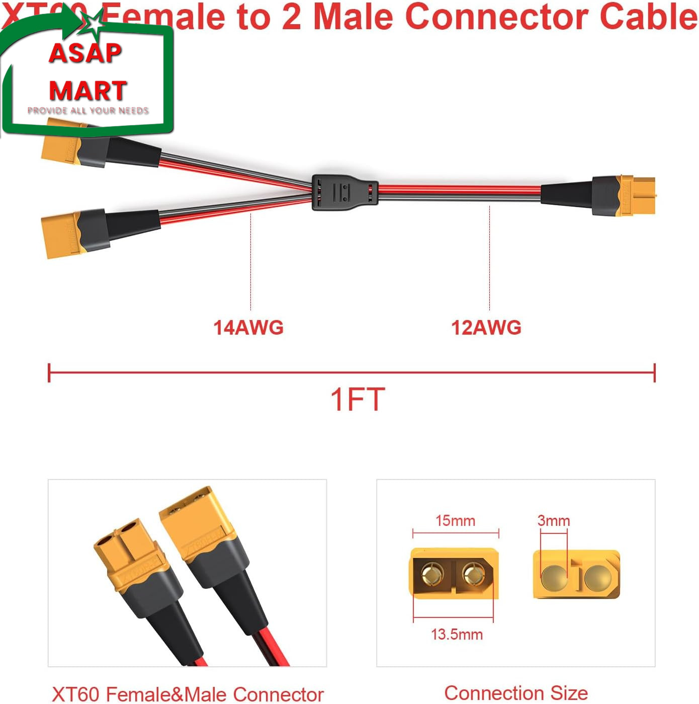 XT60 Y Splitter,12Awg XT60 1 Female to 2 Male Connector Cable for UAV Phantom Qu