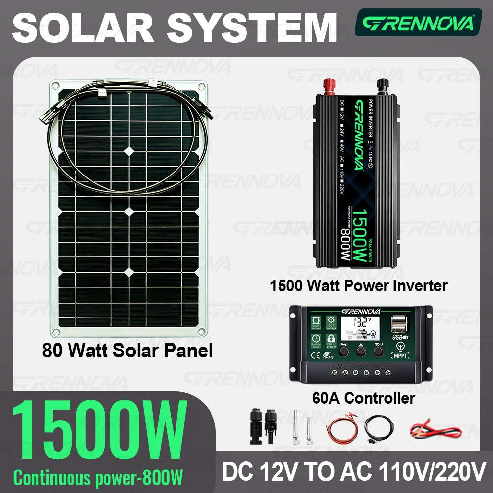 Grennova 1500W Solar Power Kit 80W Panel 12V To 110V/220V Inverter 60A Controlle