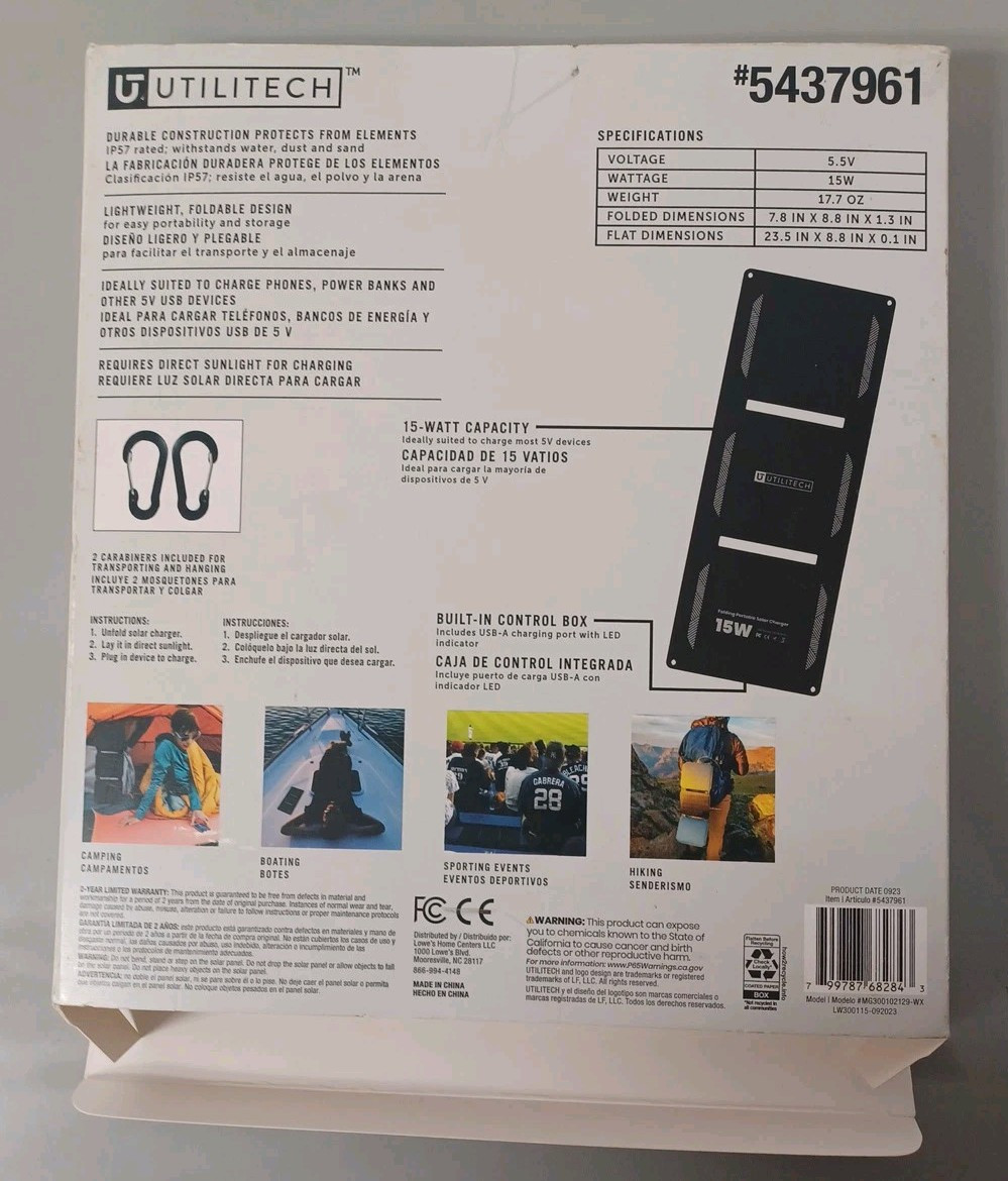 Utilitech 15W Folding Portable Solar Charger