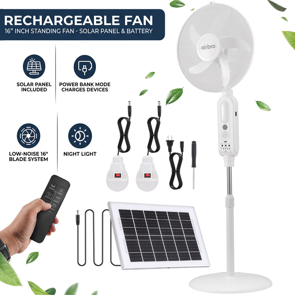 16 Inch Portable Solar Floor Fan Rechargeable Solar Panel Standing Pedestal Fan