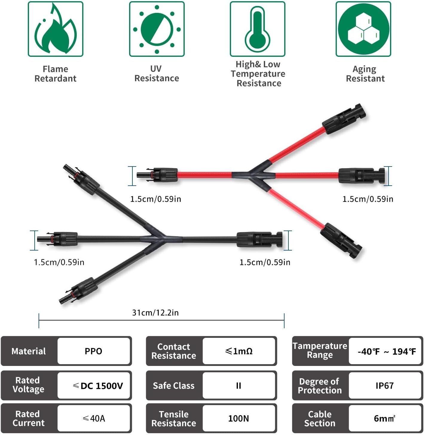 3 to 1 Solar Connectors Y Branch Parallel 1 Pair M/FFF and F/MMM, Red-Black
