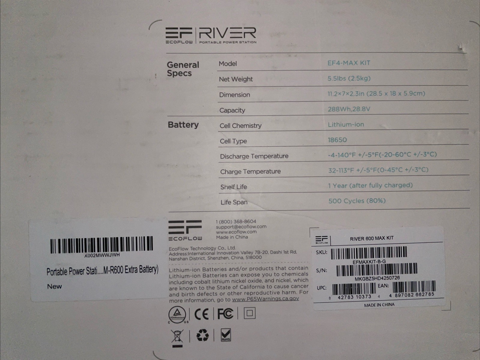 ECHOFLOW RIVER M-R 600 Portable Power Station Extra Battery. Lithium Ion 288WH.