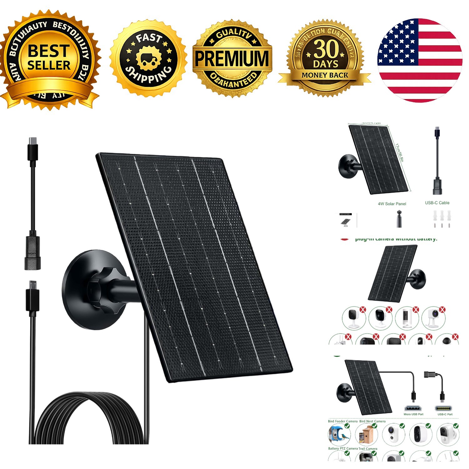 4W USB Solar Charger for Outdoor Battery Camera Security Camera 5V USB-C