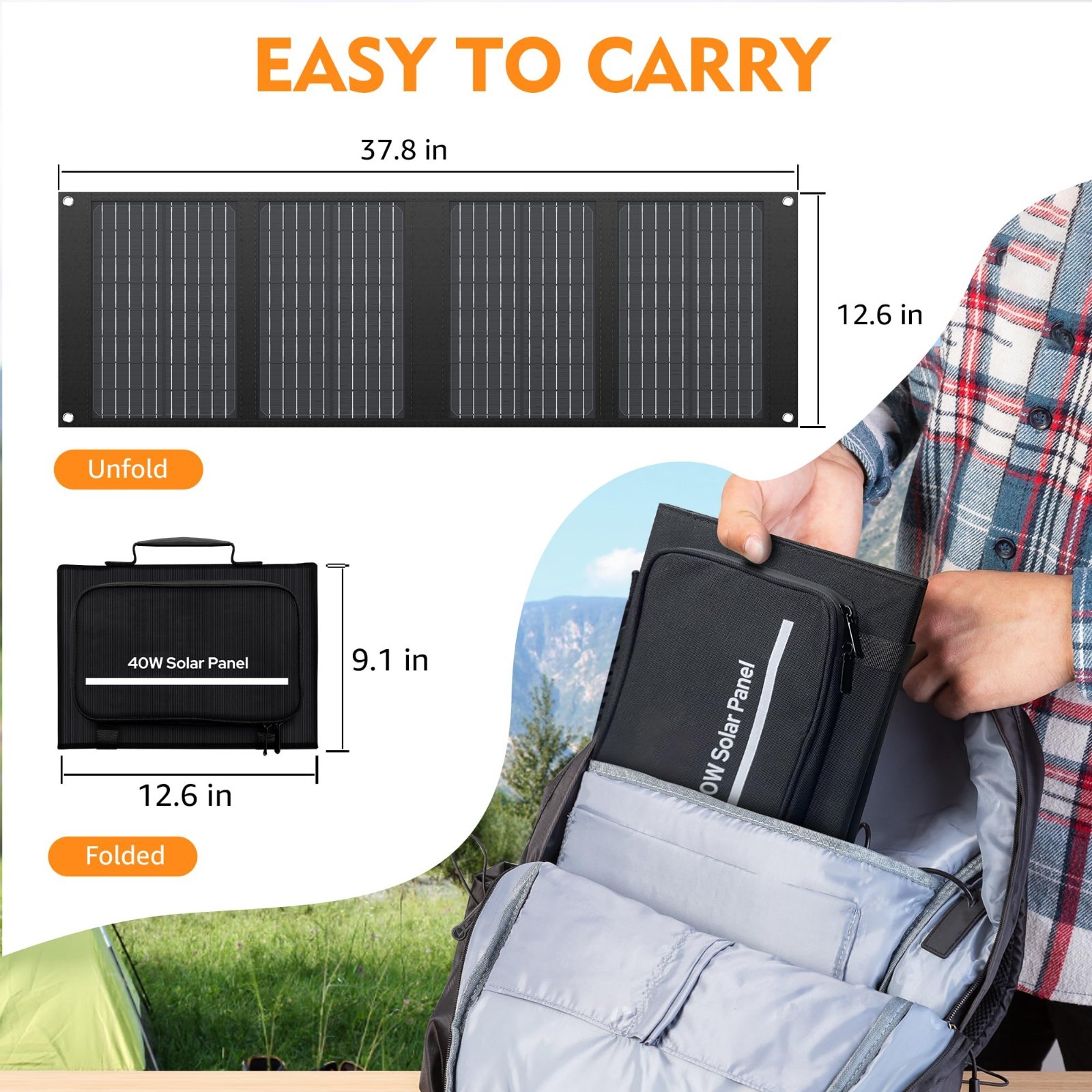 40W Foldable Solar Panel for Portable Power Station, QC3.0 USB, 12-15V DC, 10 Co