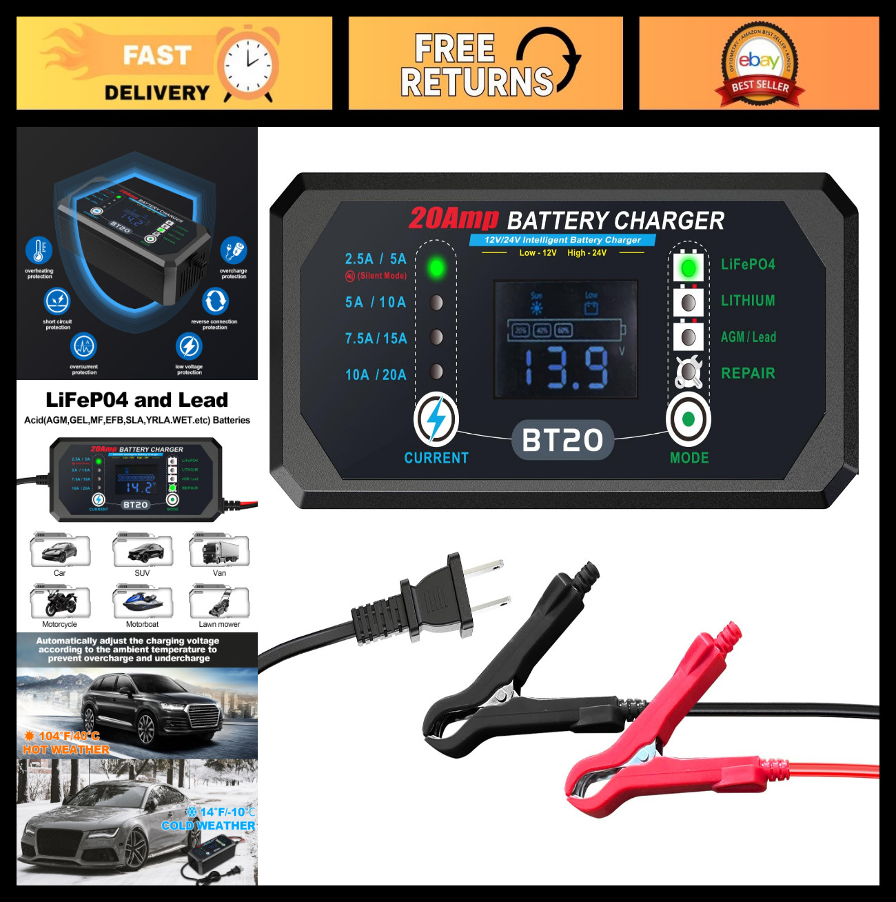 12V/20V Smart Fast Battery Charger 240W 20A for Car, Motorcycle, Boat – Overchar