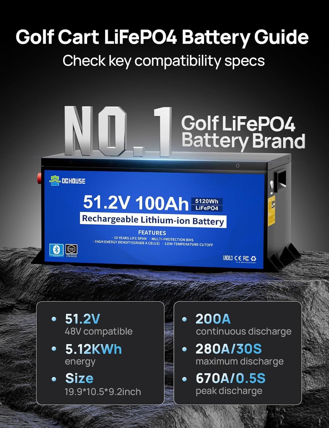 DC HOUSE 48V 100AH Golf Cart Lithium LiFePO4 Battery with 18A Charger Bluetooth