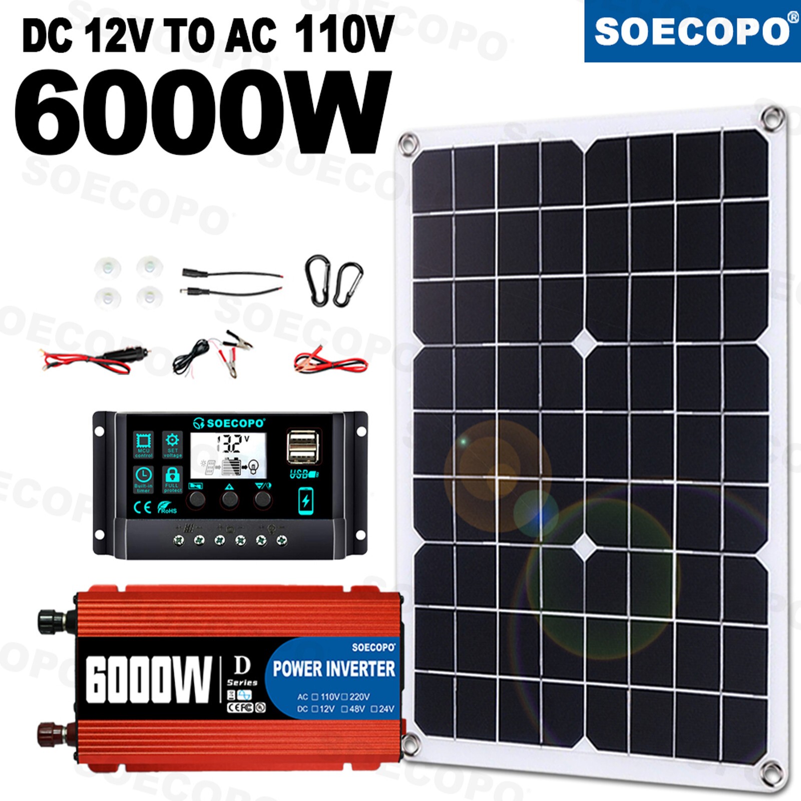 110V 6000W 100A Solar Panel Kit Complete Solar Power Generator Home Grid SysteJn