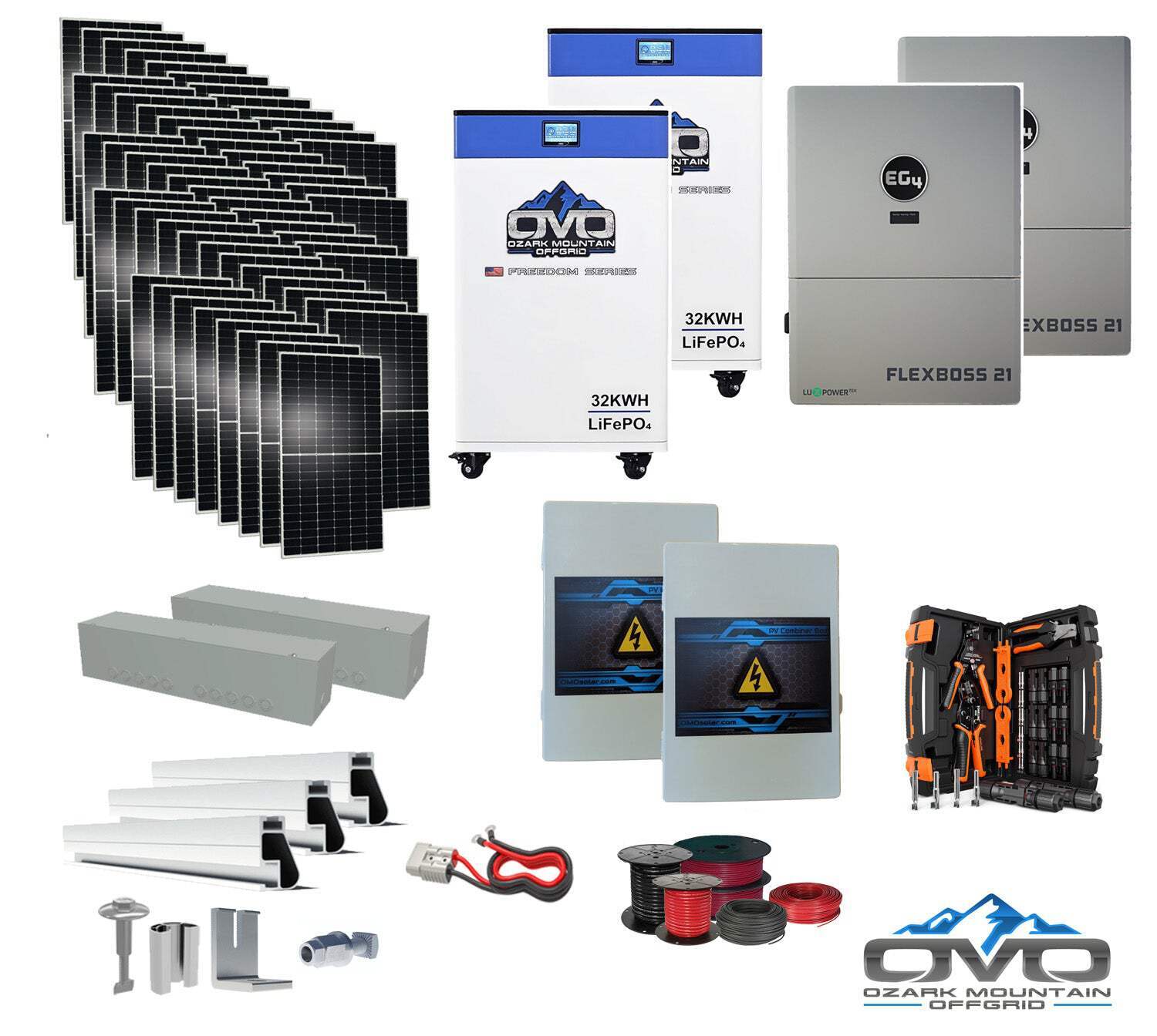 30KW Complete Offgrid Solar Kit + EG4 FlexBOSS21 + 2x 32KW OMO 48V Freedom Serie