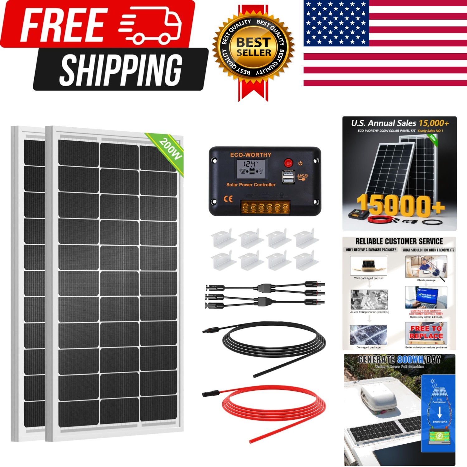 200 Watts 12 Volt/24 Volt Solar Panel Kit with High Efficiency Monocrystallin…