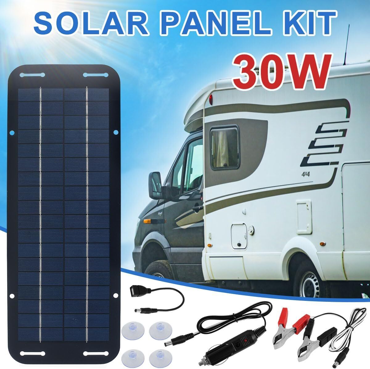 30W Solar Panel 12V Trickle Charger Battery Charger Kit Maintainer Marine Car RV