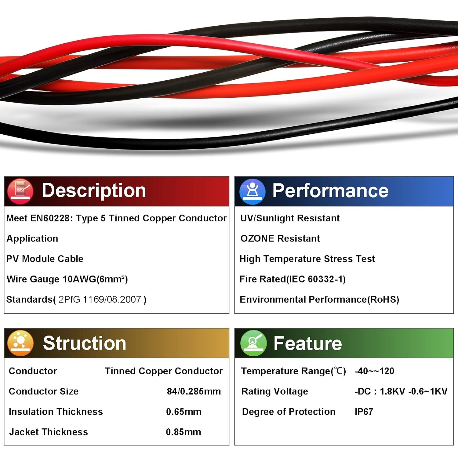 10 Gauge Wire – iGreely Solar Panel Wire 30Ft Black & 30Ft Red 10AWG(6mm²) Tinn