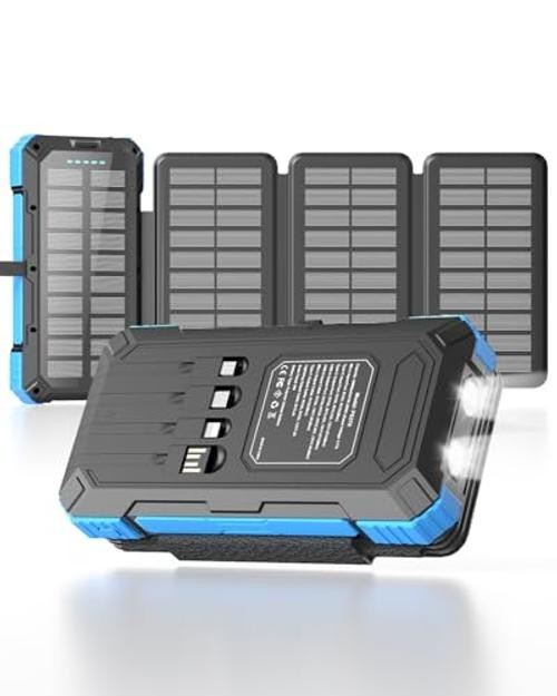 Solar Charger Power Bank 49800mAh with 4 Built-in Cables & 3 Foldable Panels,