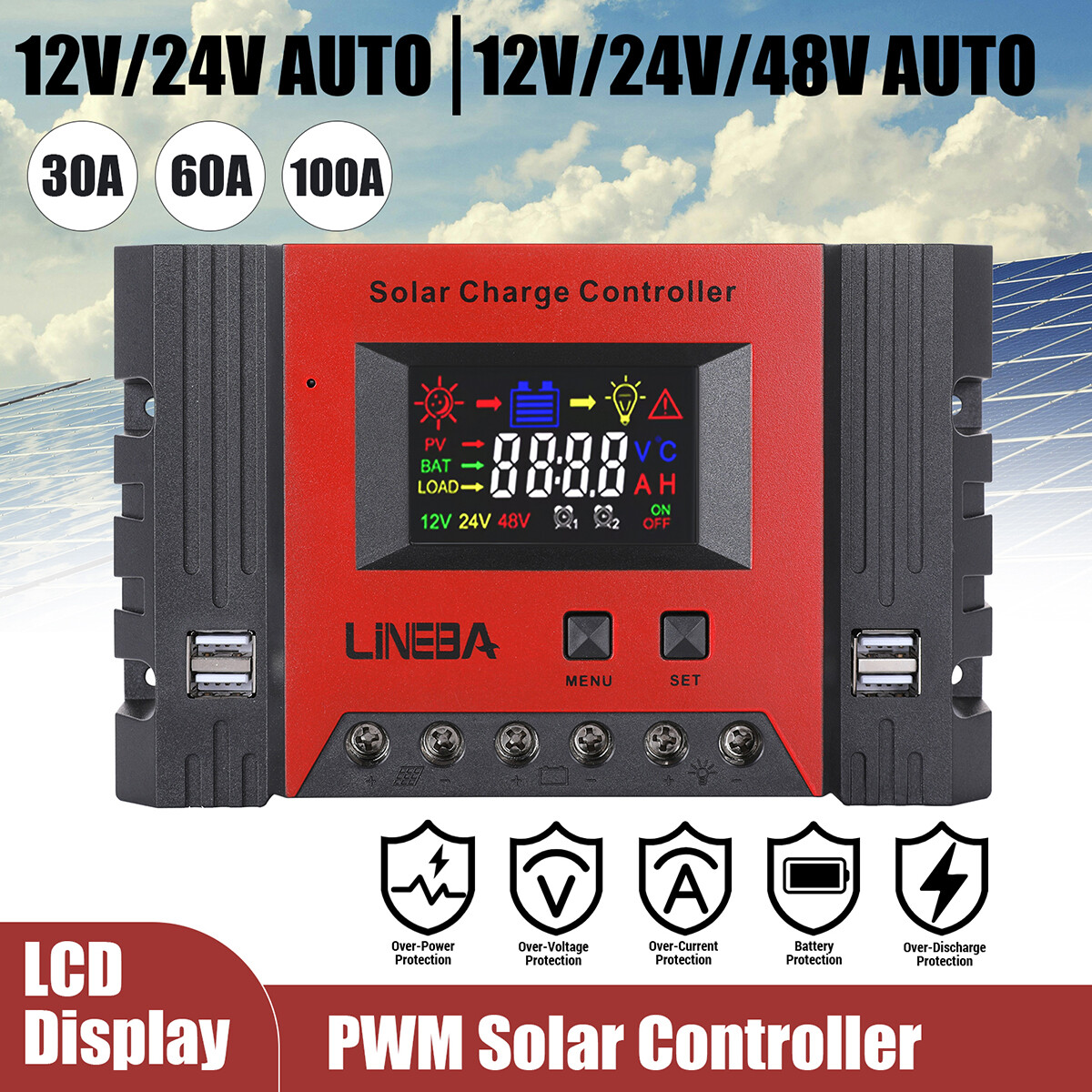 100A USB Solar Panel Regulator Charge Controller Auto Focus Tracking 12V/24V/48V