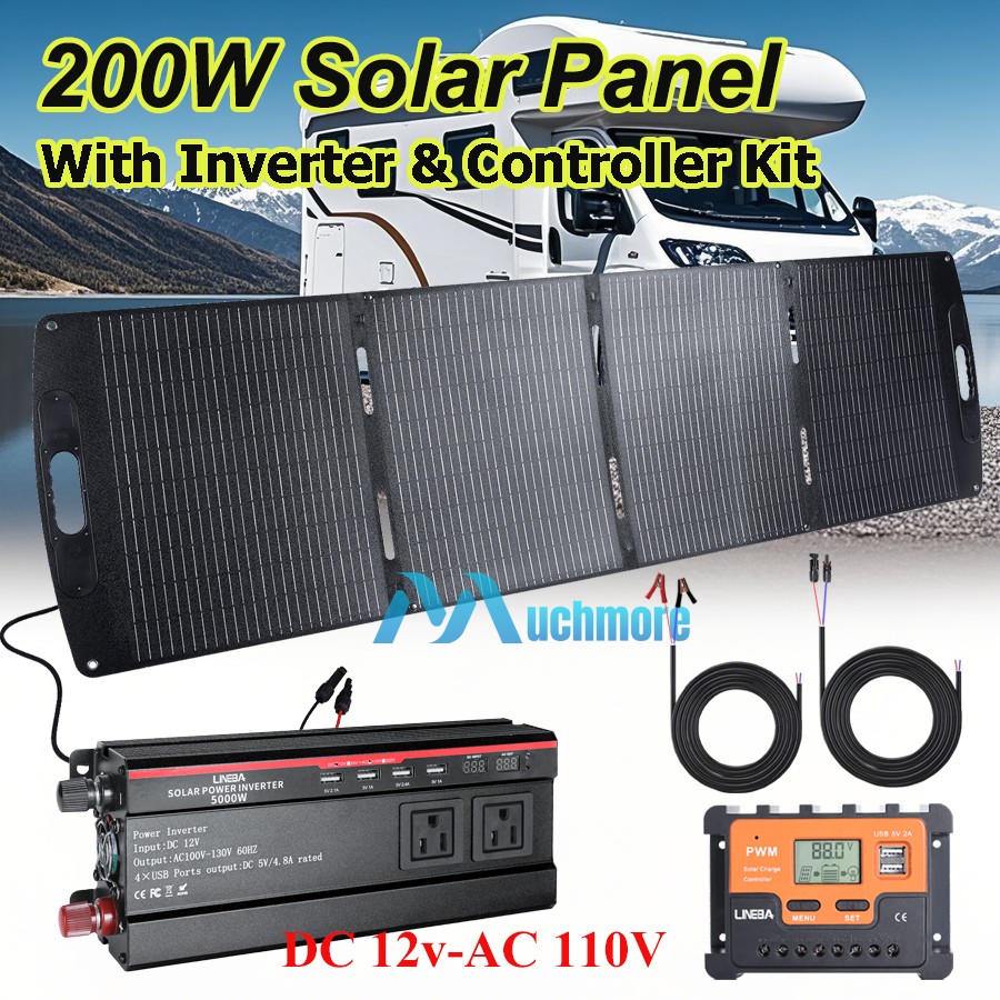 200W Foldable Solar Panel with Controller & 5000W Power Inverter Kit For Camping