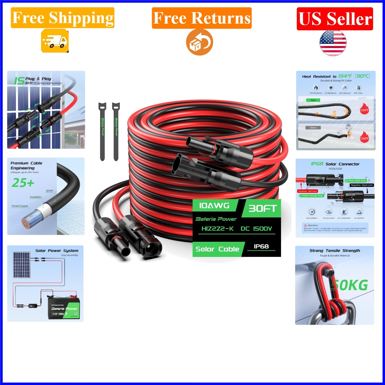 30FT 10AWG Solar Extension Cables Set with Waterproof Connectors – Black and Red