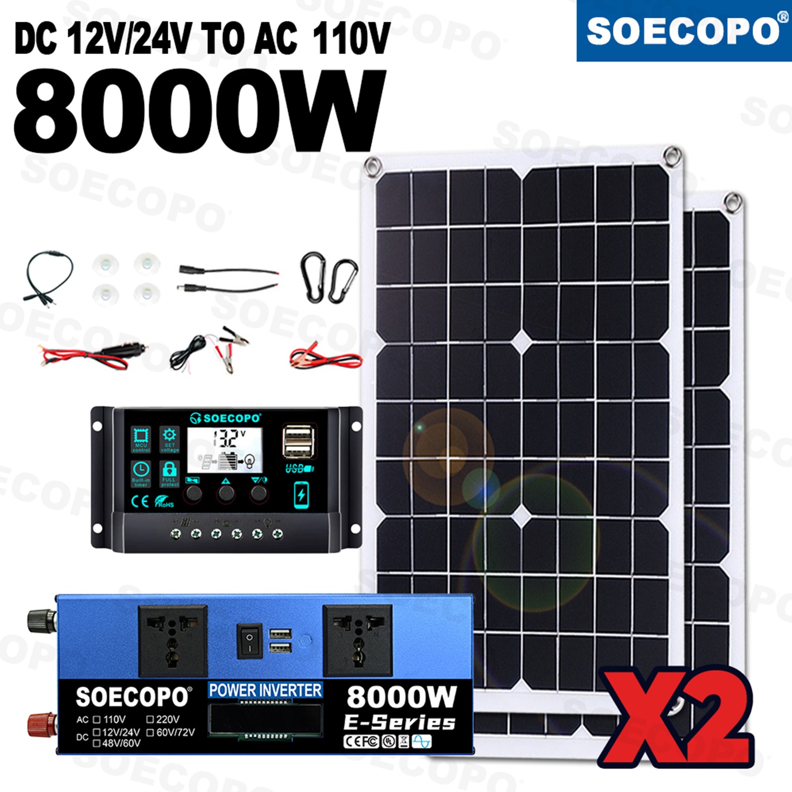 8000W Off-Grid Solar (12V/24V to 110V/220V) 2pcs Solar Panels,Charge Controlled1