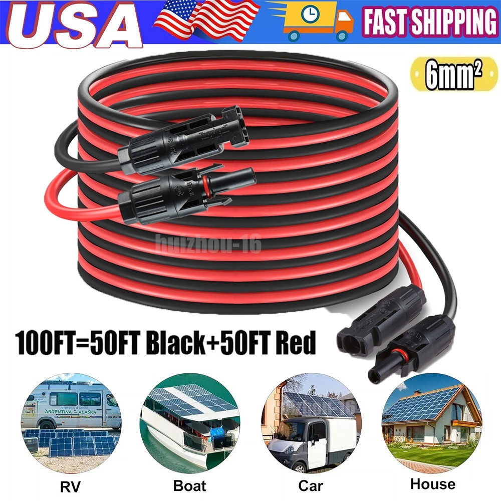 100FT 10 AWG Solar Panel Extension Cable PV Wire Solar Connectors Pair 6mm²