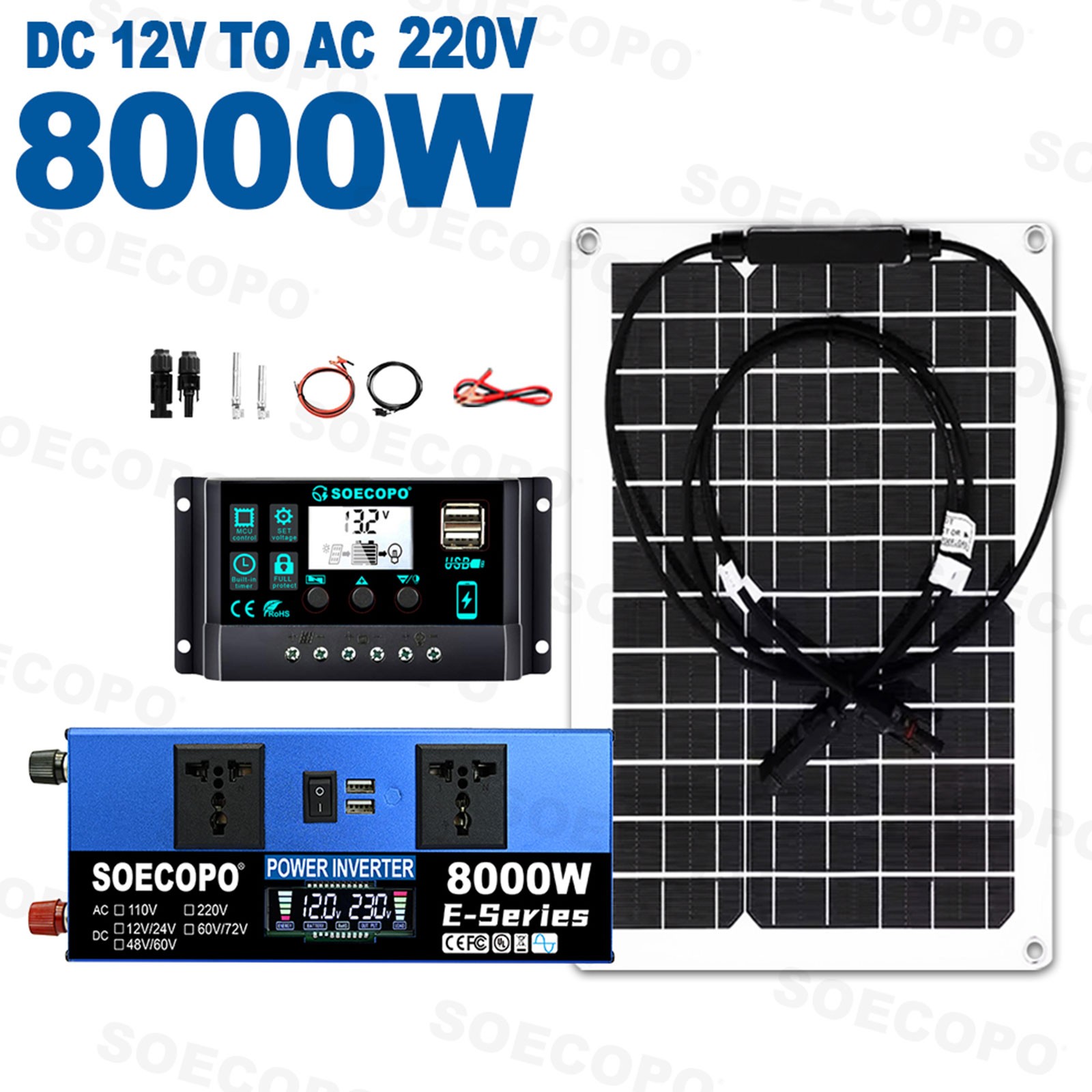 SOECOPO 8000W Peak Solar Kit 12V 24V to 110V/220V Inverter for RV Off-Grid CamVj