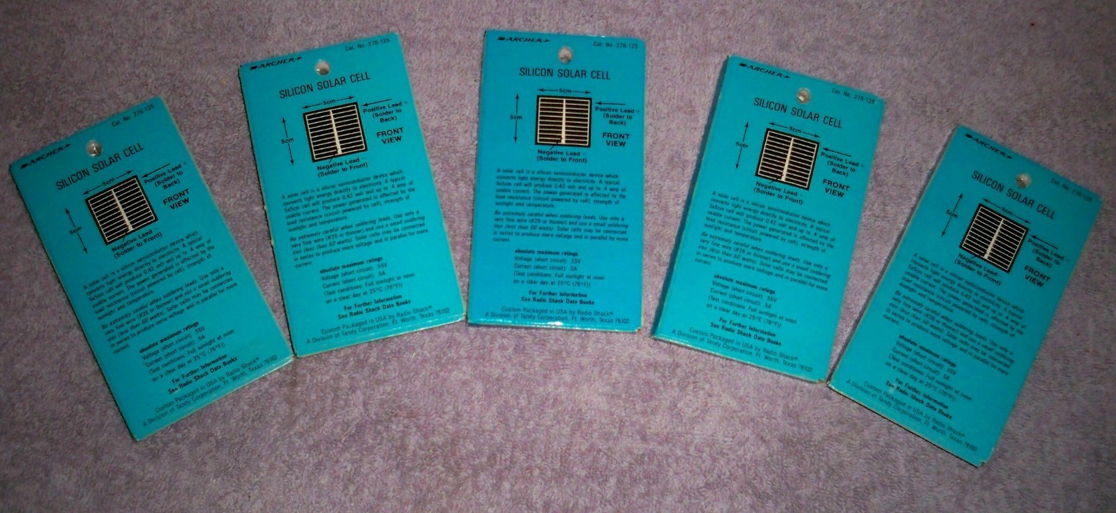 LOT of 5 VTG ARCHER Silicon Solar Cells 5x5cm / Radio Shack CAT No 276-125/ NOS
