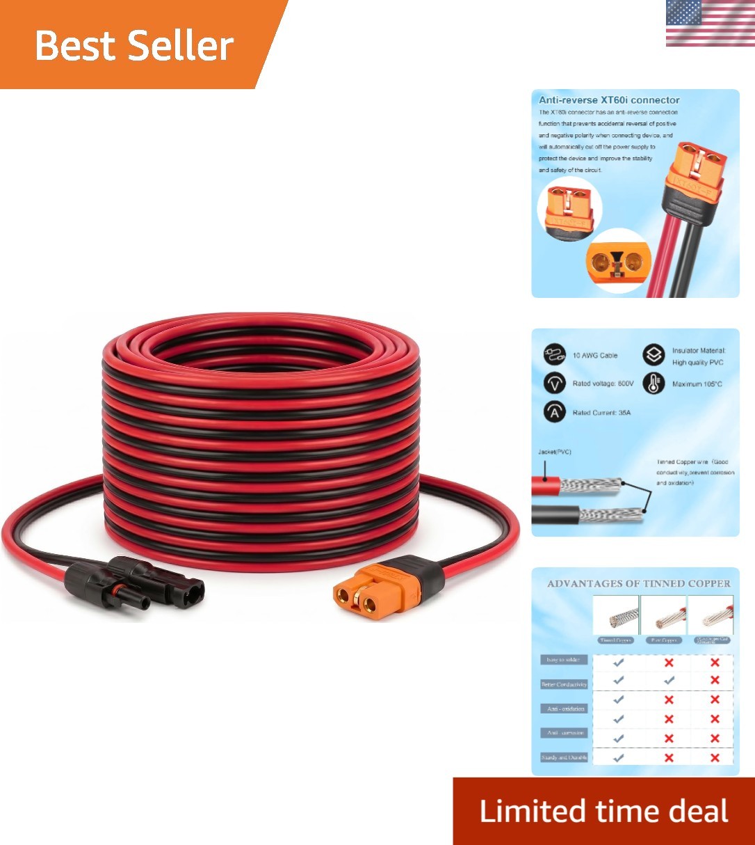 High-Performance 10AWG XT60i Extension Cable – 20FT Waterproof Solar Connector