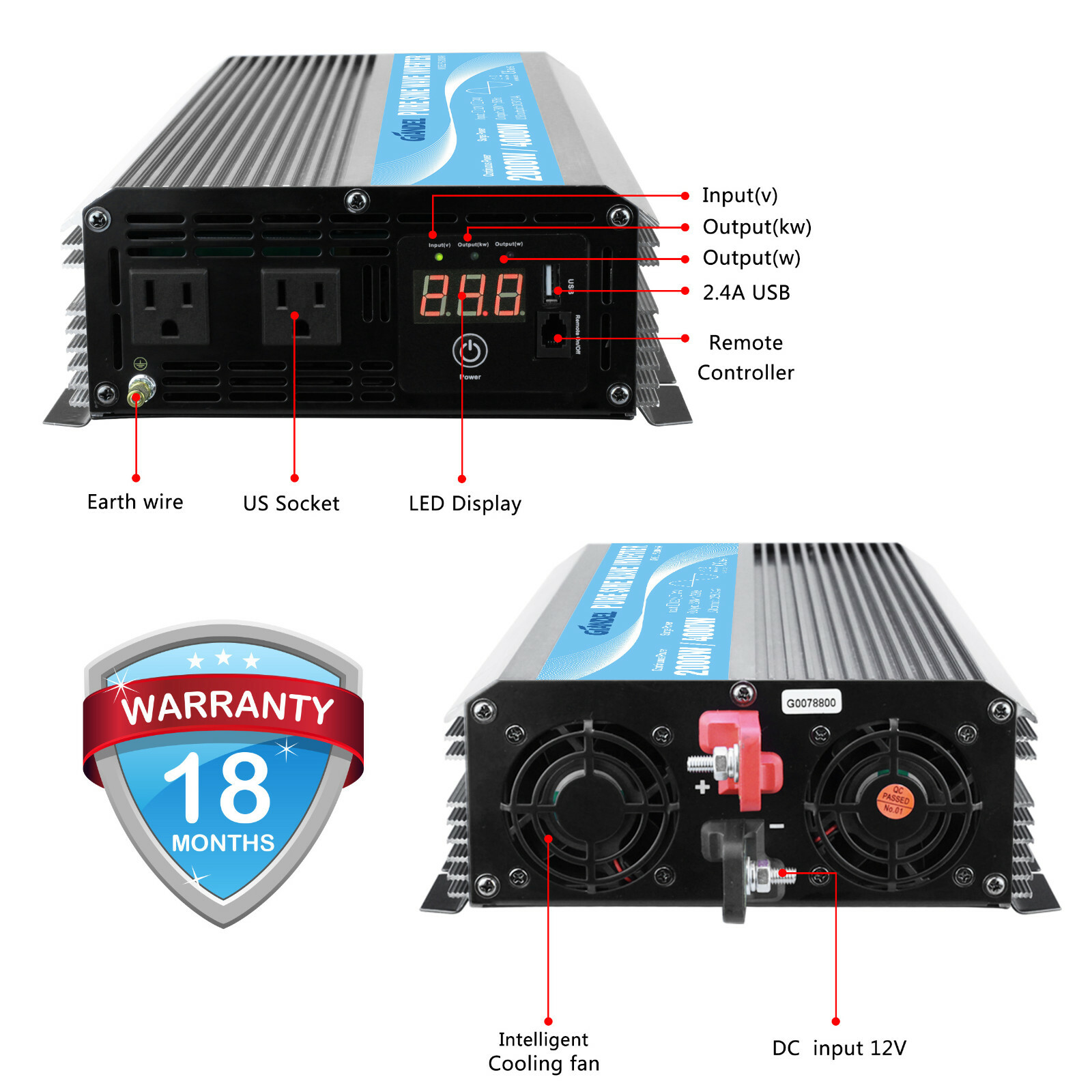 Pure Sine Power Inverter 2000W 24V to 110V~120V with Dual AC Outlets LED Display