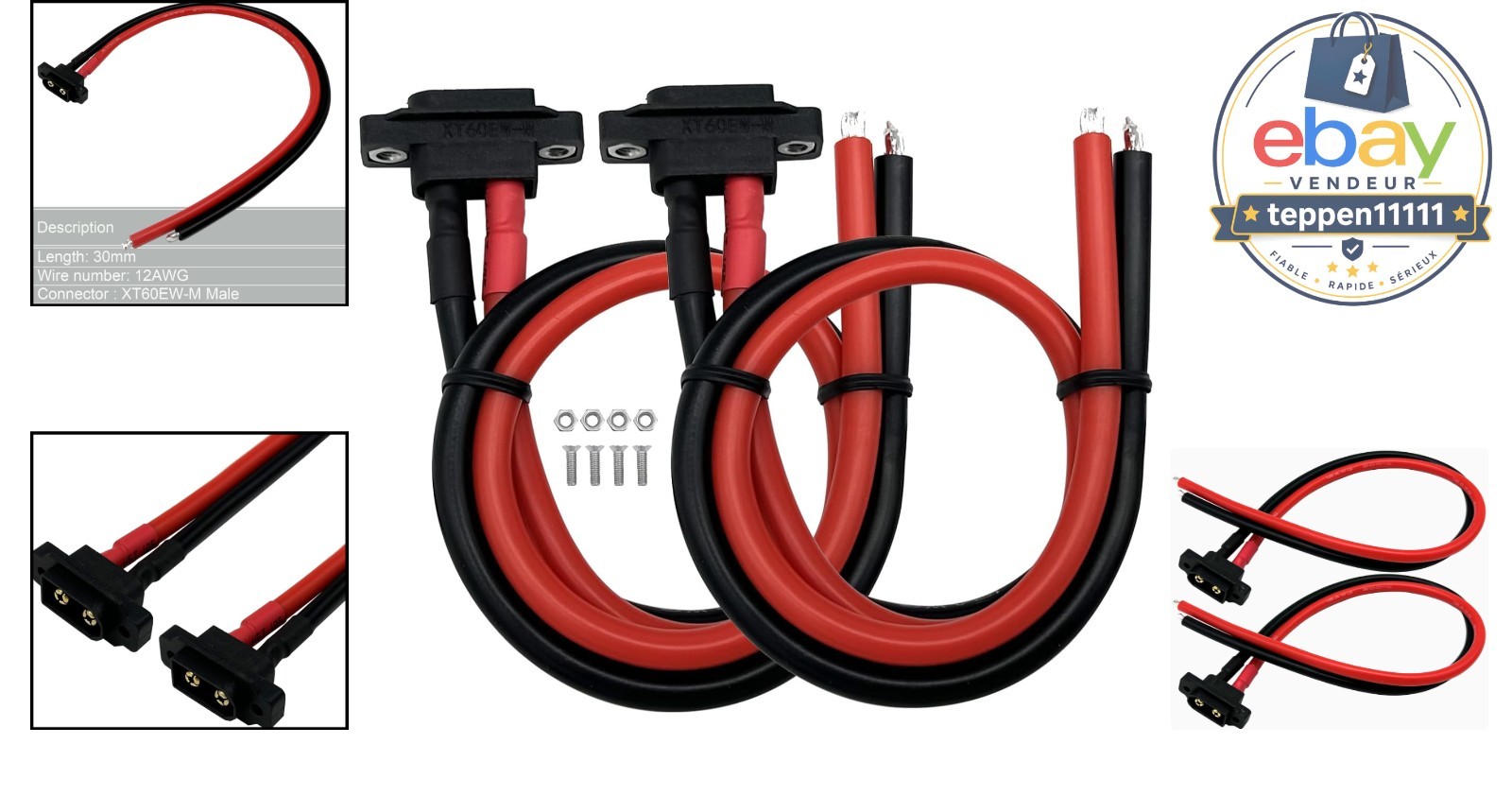 XT60 Male Pigtail Cable Panel Mount Connector 30cm 12AWG 2PCS