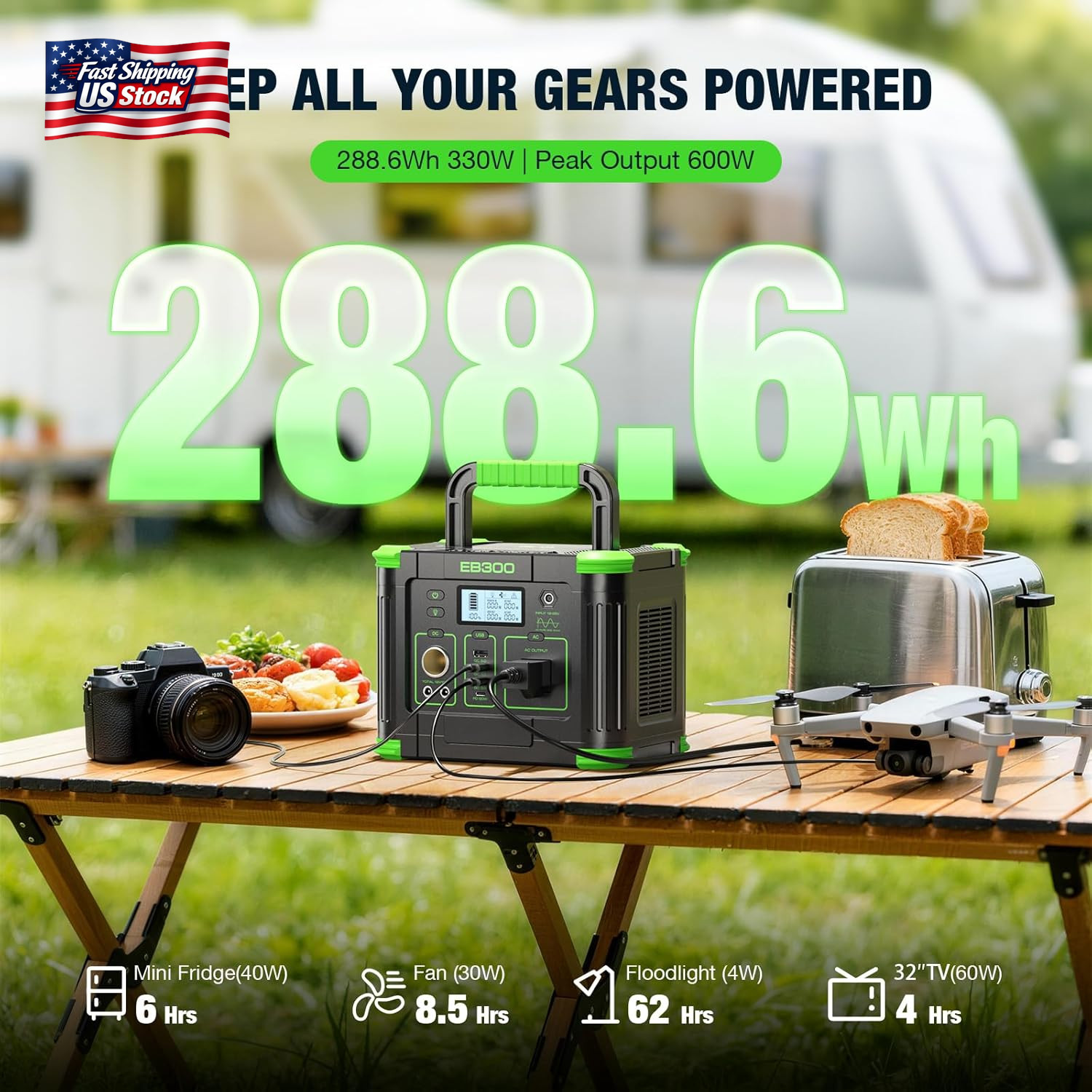 Portable Power Station 330W, GRECELL 288.6Wh Solar Generator with 60W USB-C PD O